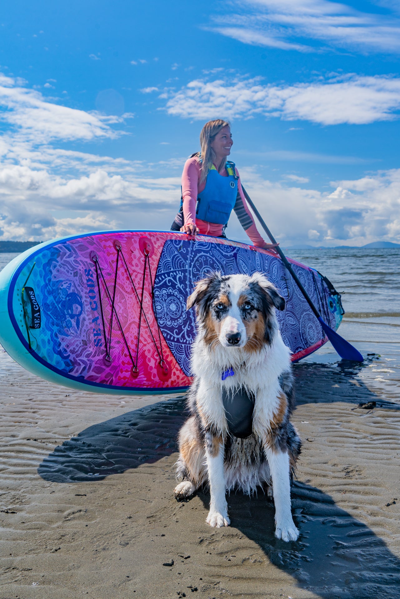 Sea Gods stand up paddleboards found paddling with a dog on an ocean beach
