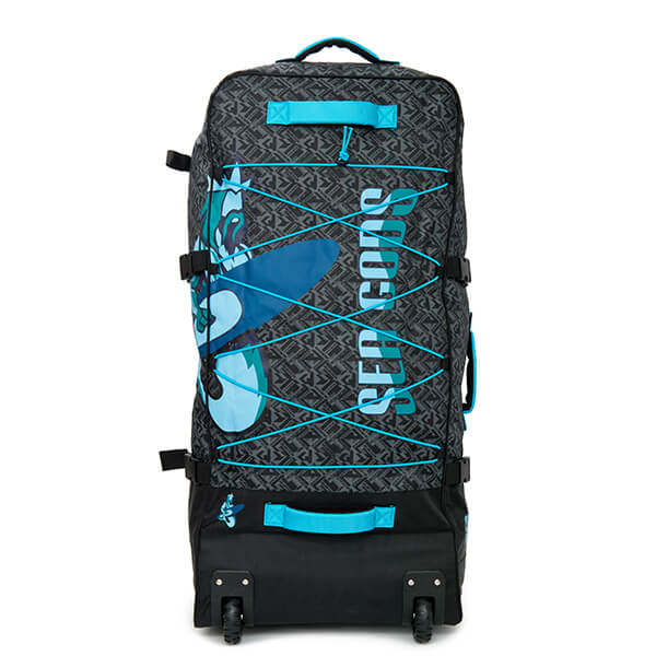 Sea Gods wheeled hiking backpack with blue handles (front view)