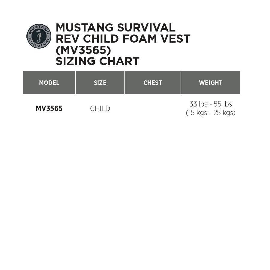 Mustang Survival Child Rev Foam Vest Sizing Chart